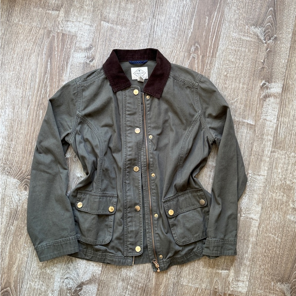 St. John's Bay Olive Jacket with Dark Brown Corduroy Collar